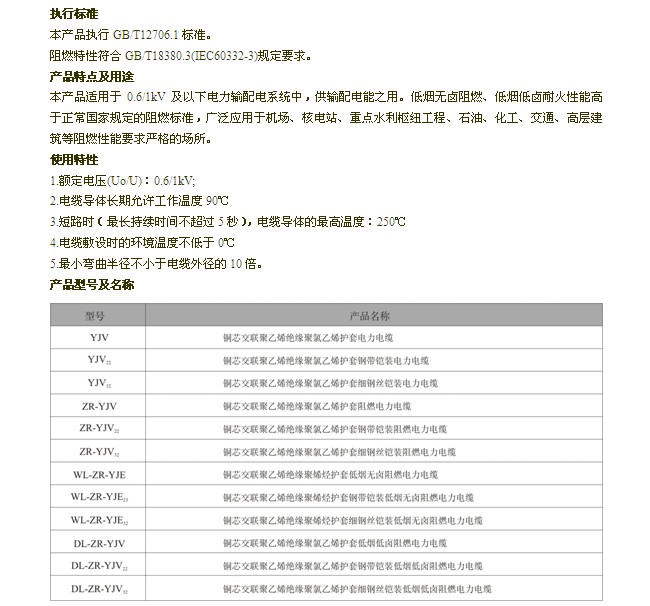 低烟无卤0.6/1kV交联聚乙烯绝缘电力电缆